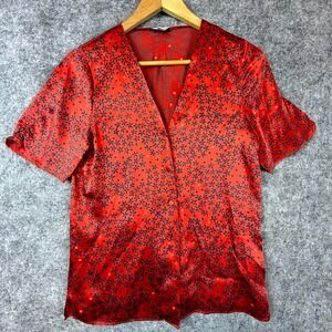 Jigsaw Blouse Top Women 2 Red Floral Silk Ruched Sleeve Office Siren Satin